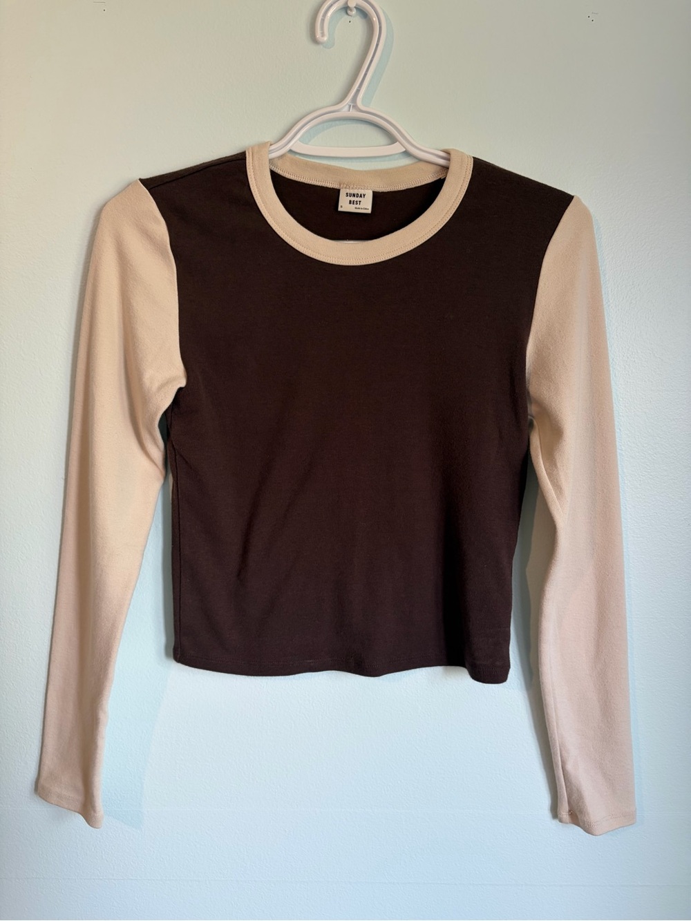 Sunday Best Long-Sleeve Top - Brown & Cream Colour Block - Size Small